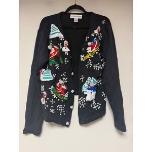 Victoria‎ Harbour Vintage Christmas Cardigan Black Santa Snowman XL Ugly Sweater